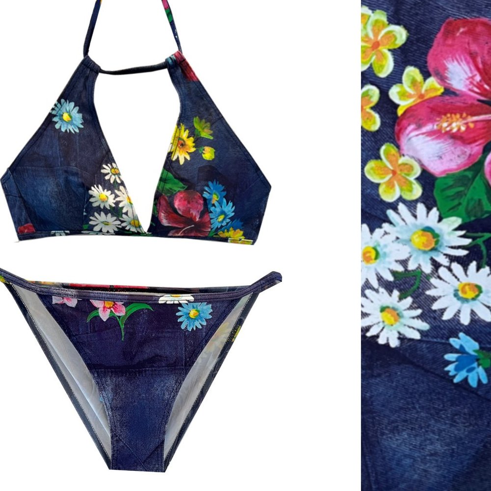 Vintage 90s Denim Floral High-Waist Bikini Set, String Halter Top Deadstock